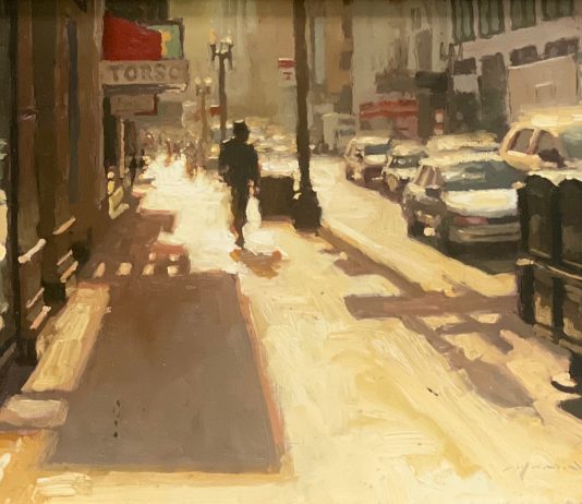 Jeremy Mann Morning Sunlight Downtown street city streetscape downtown hustle and bustle cars traffic landscape oil painting