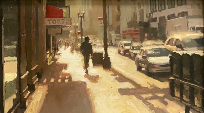 Jeremy Mann Jeremy Mann Morning Sunlight Downtown street city streetscape downtown hustle and bustle cars traffic landscape oil painting
