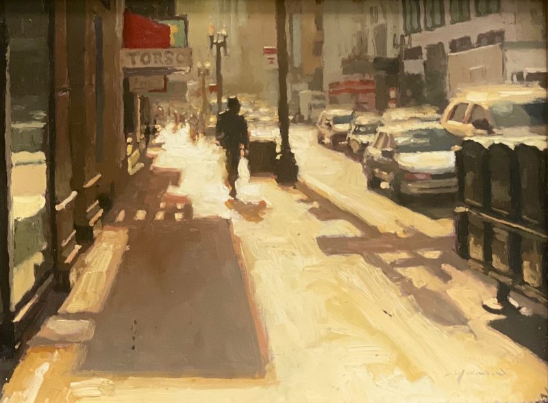 Jeremy Mann Morning Sunlight Downtown street city streetscape downtown hustle and bustle cars traffic landscape oil painting