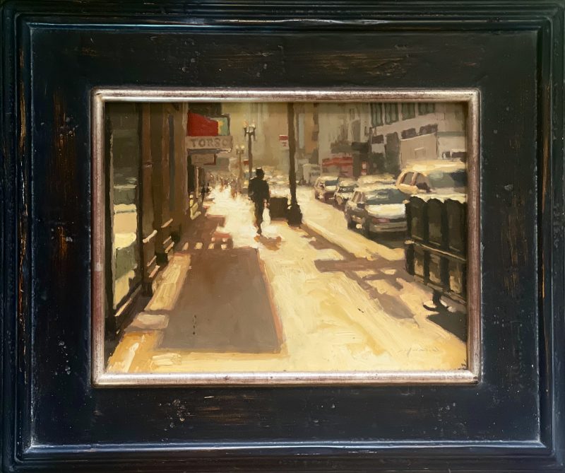 Jeremy Mann Morning Sunlight Downtown street city streetscape downtown hustle and bustle cars traffic landscape oil painting framed