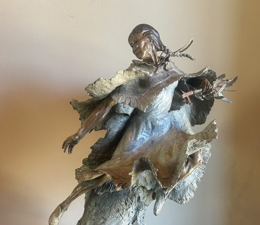 Ken Rowe White Buffalo Calf Woman Native American Indian figure figurative buffalo wildlife western bronze sculpture close up