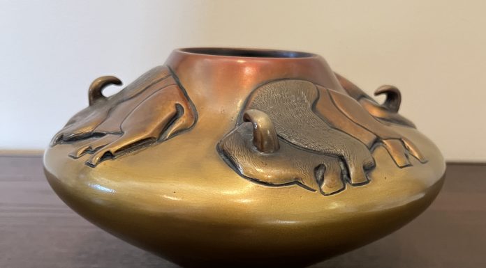 “Small Buffalo Nation” Pahponee Pahponee Small Buffalo Nation Native American pot bronze sculpture buffalo western side