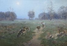 Bertha Kanzler Dressler Cows In A Pasture landscape oil painting cows ranch farm