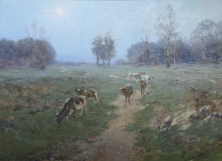 Bertha Menzler Dressler (1871-1947) Bertha Kanzler Dressler Cows In A Pasture landscape oil painting cows ranch farm
