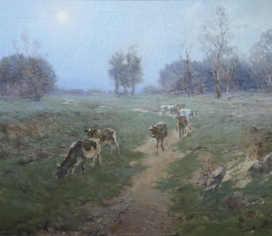 Bertha Kanzler Dressler Cows In A Pasture landscape oil painting cows ranch farm