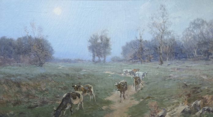 “Cows In A Pasture” Bertha Menzler Dressler Bertha Kanzler Dressler Cows In A Pasture landscape oil painting cows ranch farm
