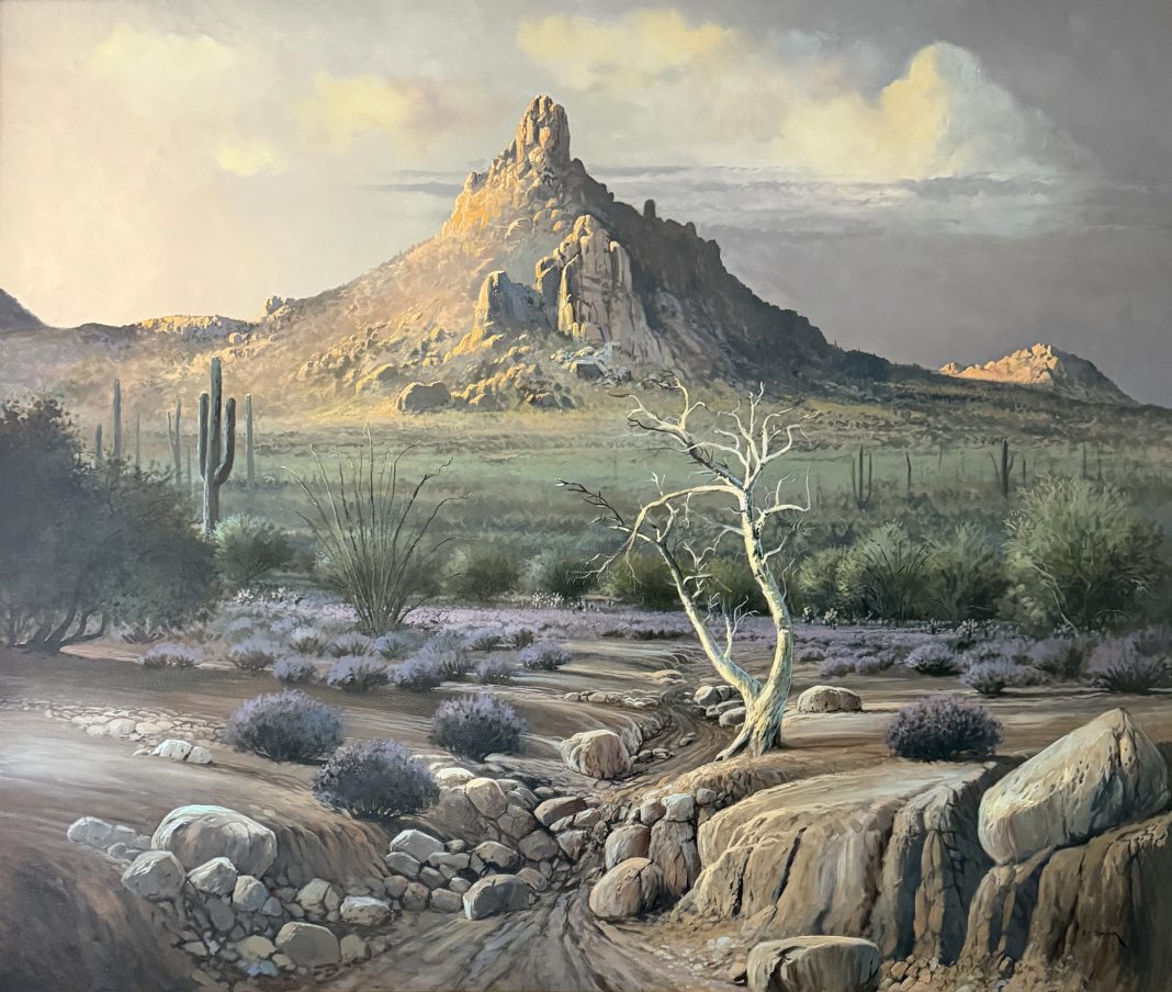 Bill Shaddix Sunset On Pinnacle Peak desert stream rocks mountain sky clouds western oil painting