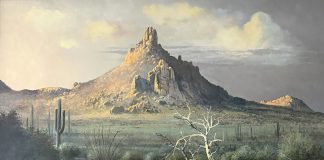 Bill Shaddix Sunset On Pinnacle Peak desert stream rocks mountain sky clouds western oil painting