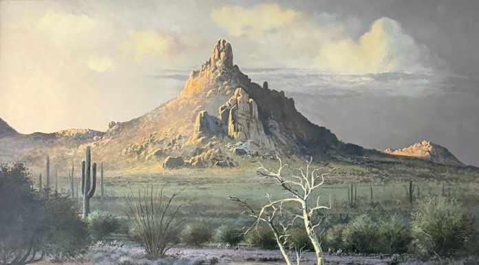 “Sunset On Pinnacle Peak” Bill Shaddix Bill Shaddix Sunset On Pinnacle Peak desert stream rocks mountain sky clouds western oil painting