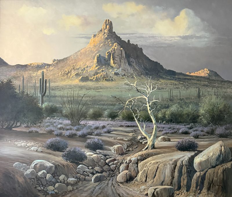 Bill Shaddix Sunset On Pinnacle Peak desert stream rocks mountain sky clouds western oil painting