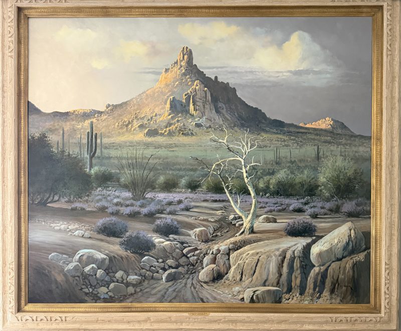 Bill Shaddix Sunset On Pinnacle Peak desert stream rocks mountain sky clouds western oil painting framed