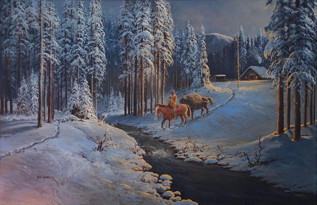 Bill Shaddix The Crack Of Dawn mountain man cowboy Native American Indian western oil painting snow
