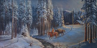 Bill Shaddix The Crack Of Dawn mountain man cowboy Native American Indian western oil painting snow