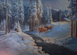 Bill Shaddix The Crack Of Dawn mountain man cowboy Native American Indian western oil painting snow