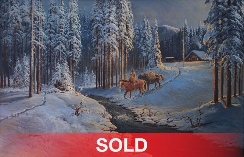 Bill Shaddis The Crack Of Dawn mountain man cowboy Native American Indian western oil painting snow sold