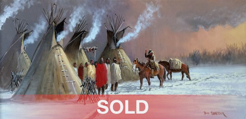 Bill Shaddis Winter Trader mountain man cowboy Native American Indian western oil painting snow Tee Pee tipi sold
