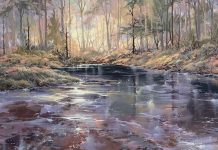 Doug Oliver Riverside Summer stream river brook forest trees western landscape acrylic painting