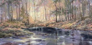 Doug Oliver Riverside Summer stream river brook forest trees western landscape acrylic painting