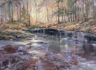 Doug Oliver Riverside Summer stream river brook forest trees western landscape acrylic painting