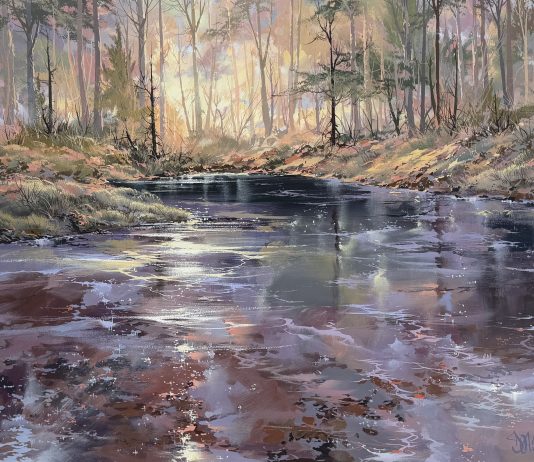 Doug Oliver Riverside Summer stream river brook forest trees western landscape acrylic painting