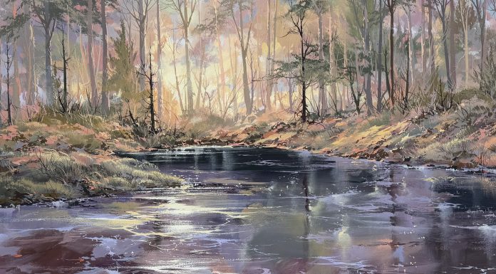 Doug Oliver Riverside Summer stream river brook forest trees western landscape acrylic painting