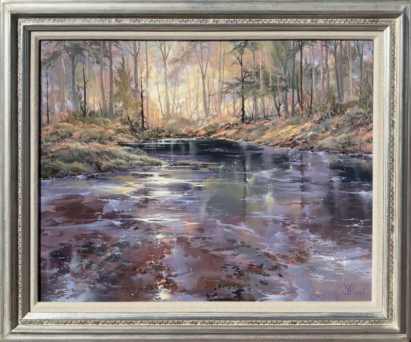 Doug Oliver Riverside Summer stream river brook forest trees western landscape acrylic painting framed