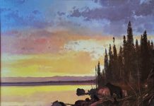 Michael Coleman Black Bear Family lake wildlife oil painting sunset sunrise wilderness forest trees