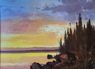 Michael Coleman Black Bear Family lake wildlife oil painting sunset sunrise wilderness forest trees