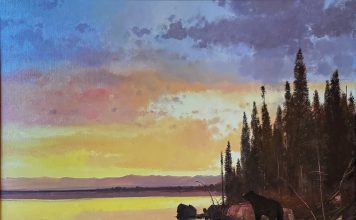 “Black Bear Family” Michael Coleman Michael Coleman Black Bear Family lake wildlife oil painting sunset sunrise wilderness forest trees