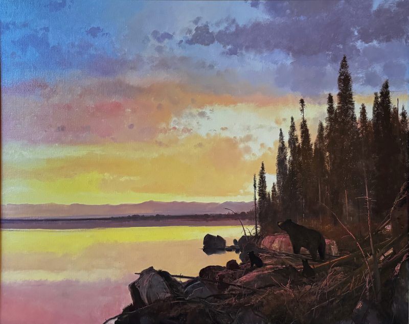 Michael Coleman Black Bear Family lake wildlife oil painting sunset sunrise wilderness forest trees