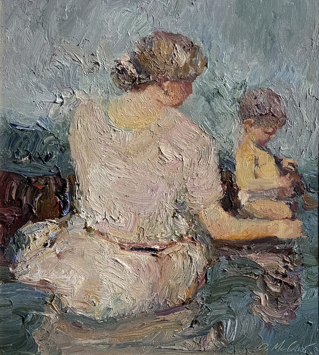 Dan McCaw Sea Shells baby child mother beach ocean seascape impressionism impressionistic figure figurative oil painting