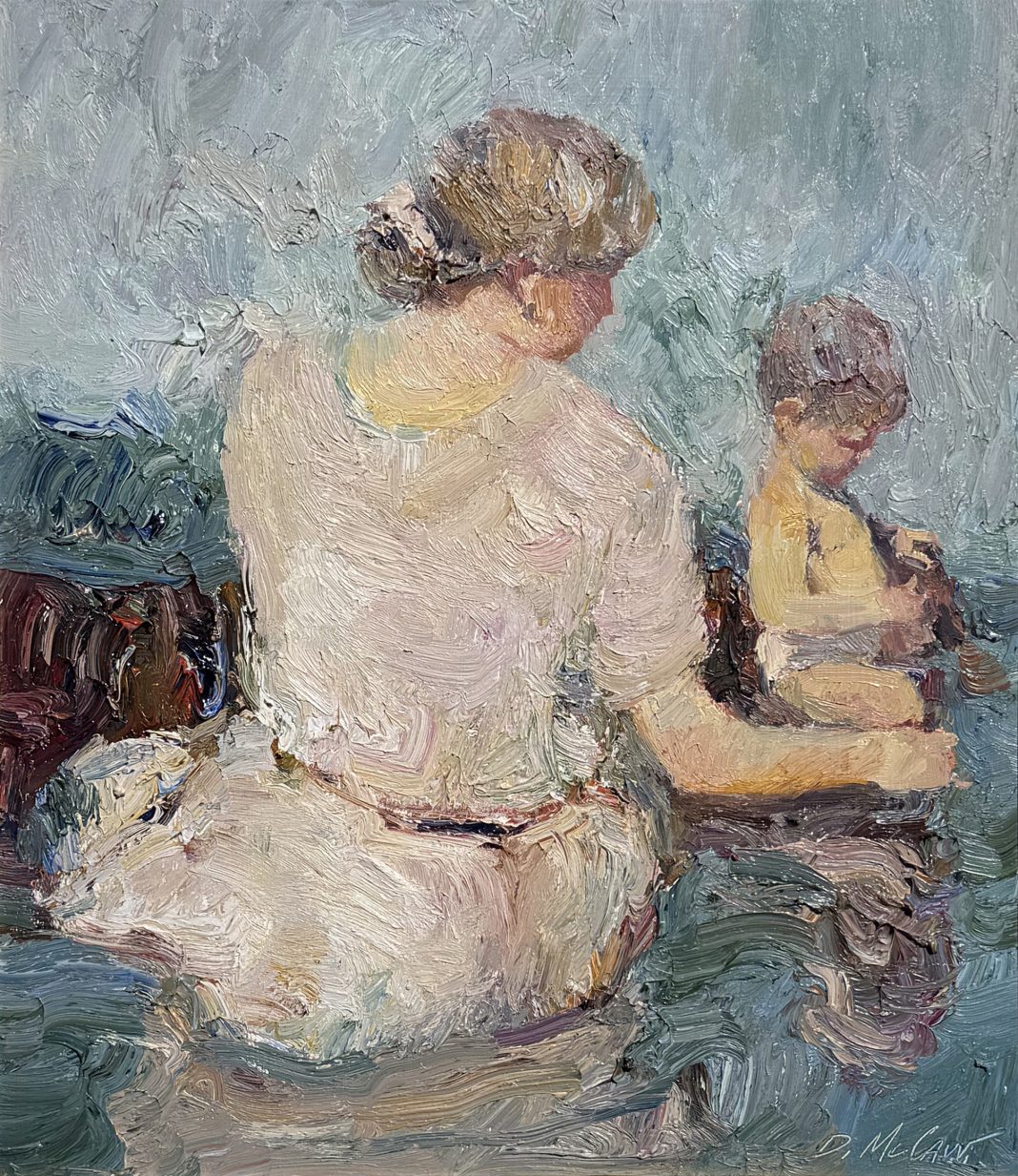 Dan McCaw Sea Shells baby child mother beach ocean seascape impressionism impressionistic figure figurative oil painting