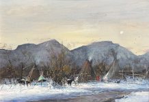 Gregory Sumida Mountain Takka Mountain Snow Northern Shoshoni Native American encampment village western gouache painting