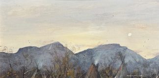 Gregory Sumida Mountain Takka Mountain Snow Northern Shoshoni Native American encampment village western gouache painting