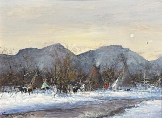 Gregory Sumida Mountain Takka Mountain Snow Northern Shoshoni Native American encampment village western gouache painting