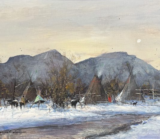 Gregory Sumida Mountain Takka Mountain Snow Northern Shoshoni Native American encampment village western gouache painting