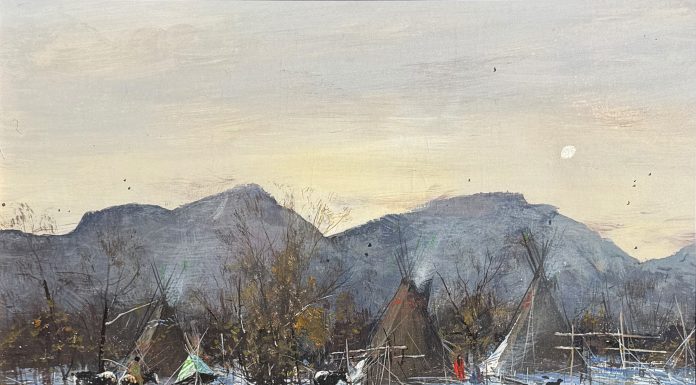 Gregory Sumida Mountain Takka Mountain Snow Northern Shoshoni Native American encampment village western gouache painting