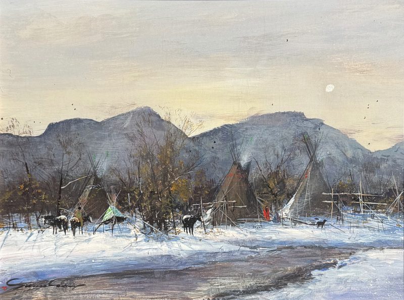 Gregory Sumida Mountain Takka Mountain Snow Northern Shoshoni Native American encampment village western gouache painting
