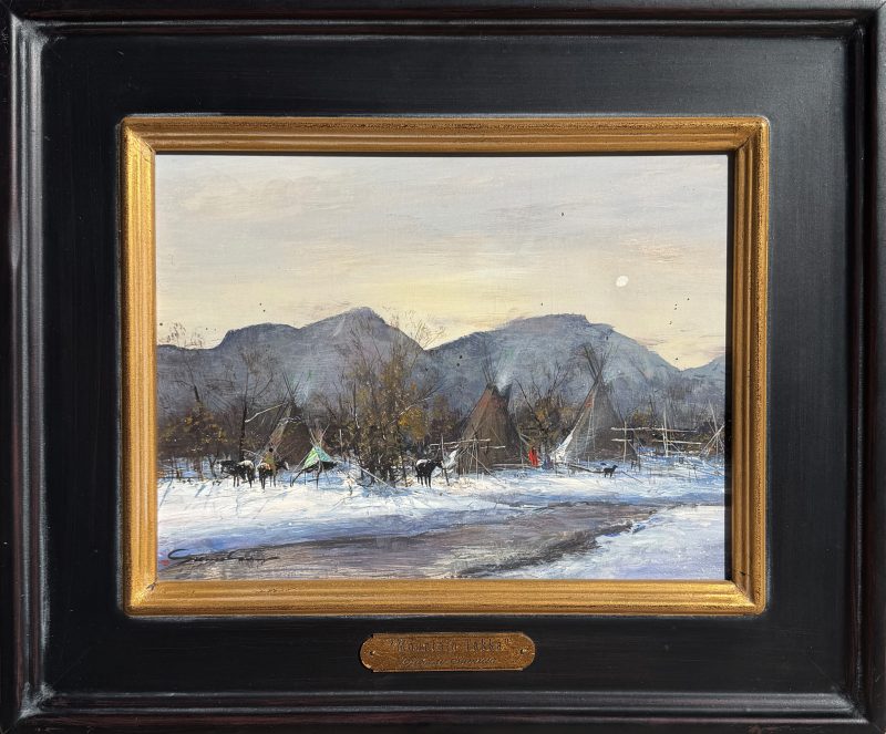 Gregory Sumida Mountain Takka Mountain Snow Northern Shoshoni Native American encampment village western gouache painting framed