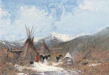 Gregory Sumida Winter Toya-pin Winter On The Mountain Northern Shoshoni Native American encampment village western gouache painting