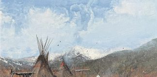 Gregory Sumida Winter Toya-pin Winter On The Mountain Northern Shoshoni Native American encampment village western gouache painting