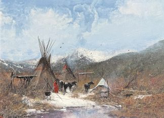 Gregory Sumida Winter Toya-pin Winter On The Mountain Northern Shoshoni Native American encampment village western gouache painting
