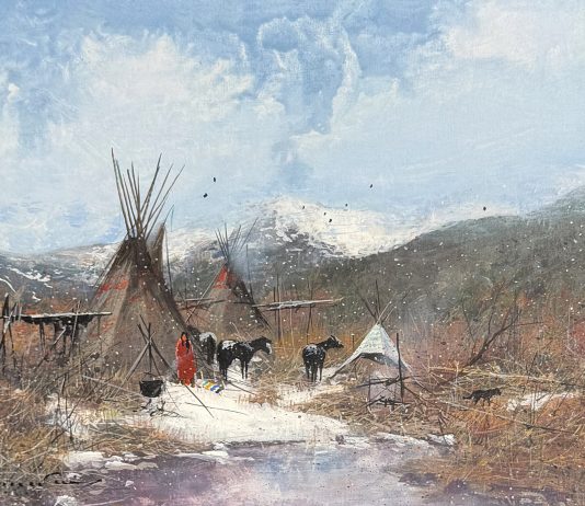 Gregory Sumida Winter Toya-pin Winter On The Mountain Northern Shoshoni Native American encampment village western gouache painting