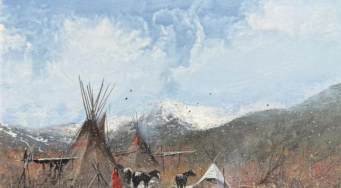 Gregory Sumida Winter Toya-pin Winter On The Mountain Northern Shoshoni Native American encampment village western gouache painting