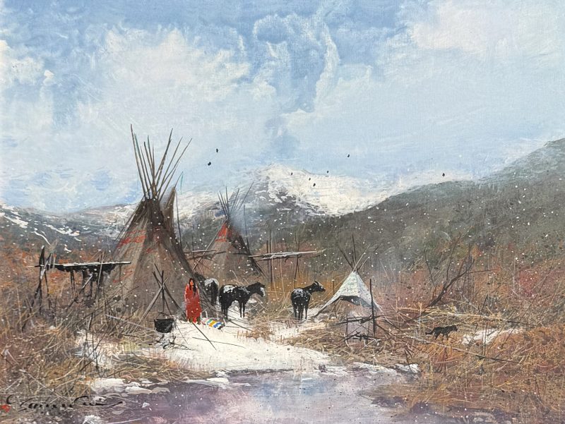 Gregory Sumida Winter Toya-pin Winter On The Mountain Northern Shoshoni Native American encampment village western gouache painting