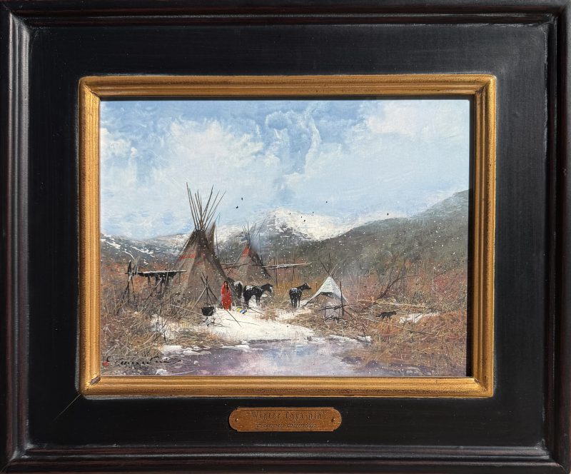 Gregory Sumida Winter Toya-pin Winter On The Mountain Northern Shoshoni Native American encampment village western gouache painting framed