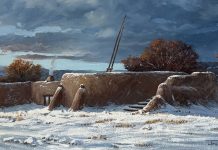 Joni Falk Kiva Serenity Taos Pueblo adobe village architecture architectural western oil painting snow Santa Fe Taos New Mexico