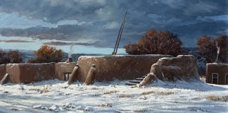 Joni Falk Kiva Serenity Taos Pueblo adobe village architecture architectural western oil painting snow Santa Fe Taos New Mexico