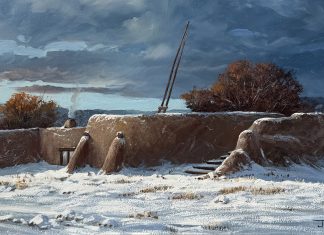 Joni Falk Kiva Serenity Taos Pueblo adobe village architecture architectural western oil painting snow Santa Fe Taos New Mexico