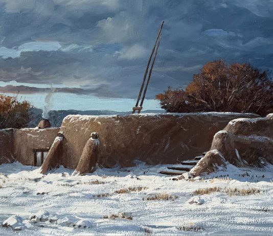 Joni Falk Kiva Serenity Taos Pueblo adobe village architecture architectural western oil painting snow Santa Fe Taos New Mexico